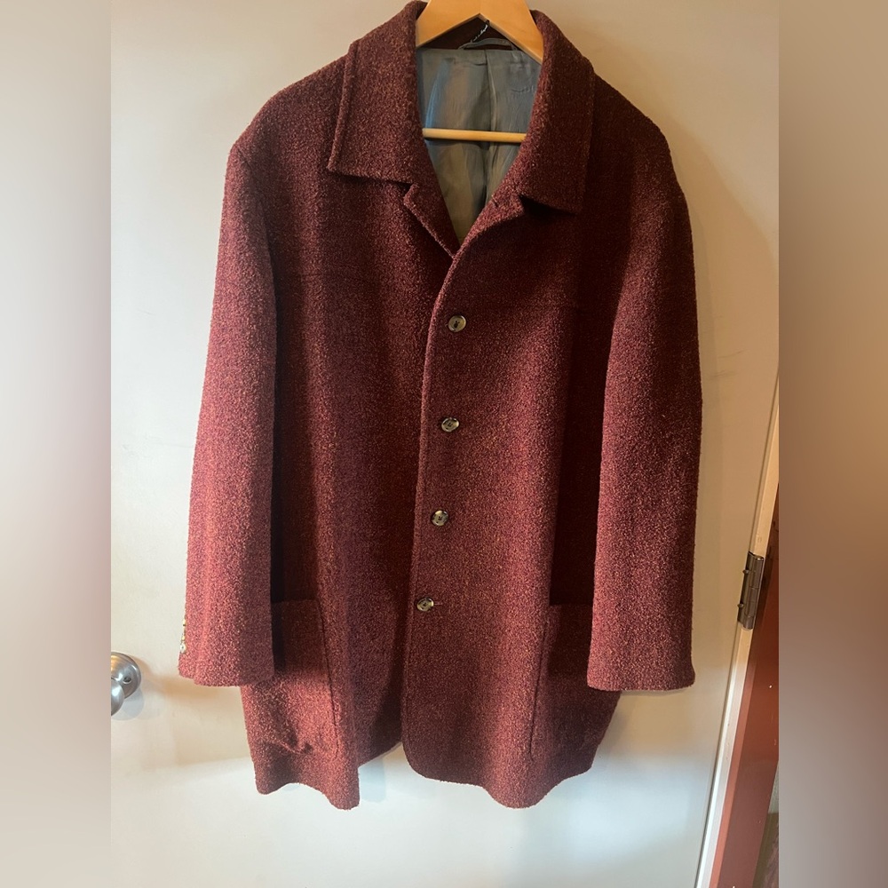 Ibiza Men's 44/46 Burgundy Wool Overcoat Button Front Point Collar Mid-Length